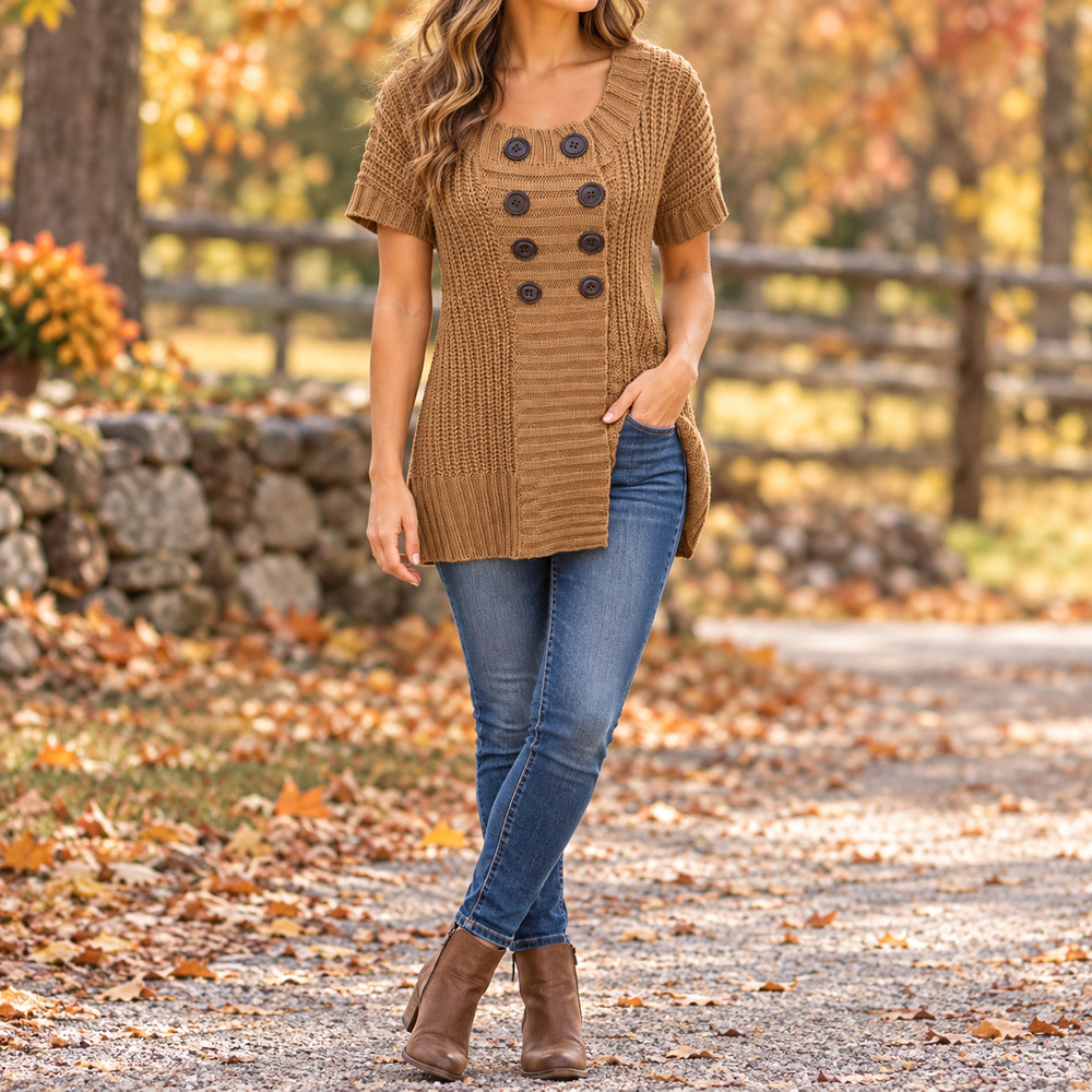 Soft Surroundings Brown Chunky Knit Button Detail Sweater Tunic Neutral PS